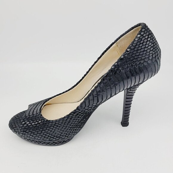 Michael by Michael Shannon Black Leather Peep Toe 4" Heels Snakeskin Texture 7.5 - Picture 11 of 13
